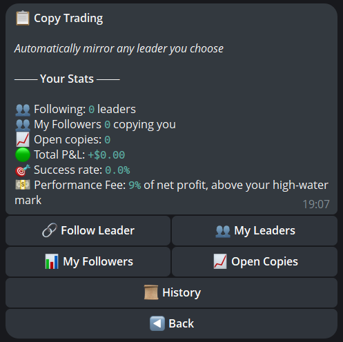 Copy trading — follow leaders, stats, high-water-mark fee