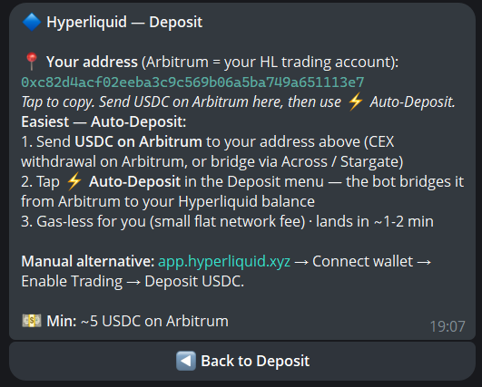 Hyperliquid deposit — Auto-Deposit bridge from Arbitrum
