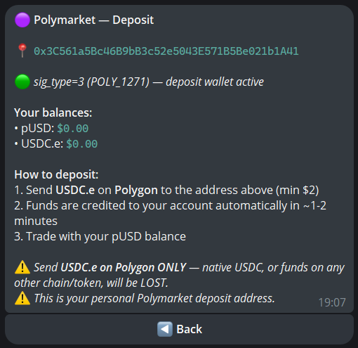 Polymarket deposit — USDC.e on Polygon