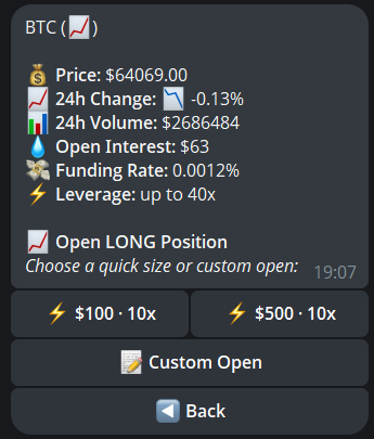 BTC open long — quick sizes and custom open