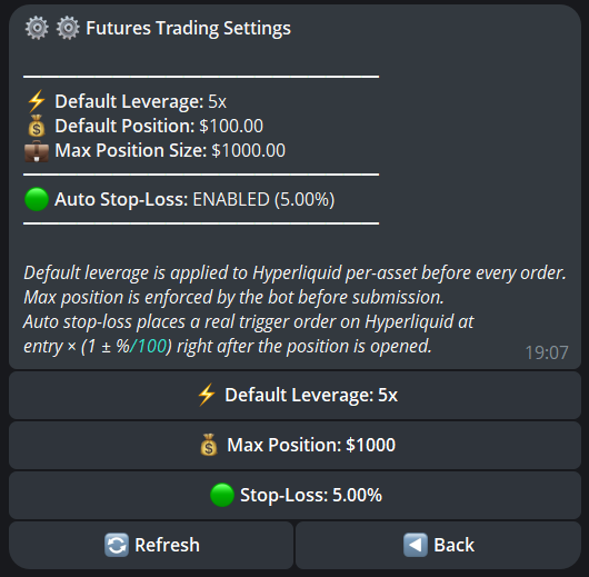 Futures settings — leverage, max position, auto stop-loss