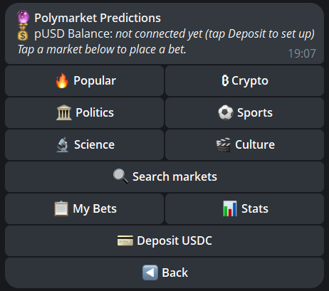 Polymarket predictions menu with categories