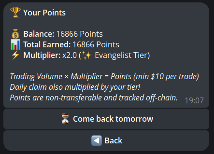 Points — balance, multiplier, daily claim